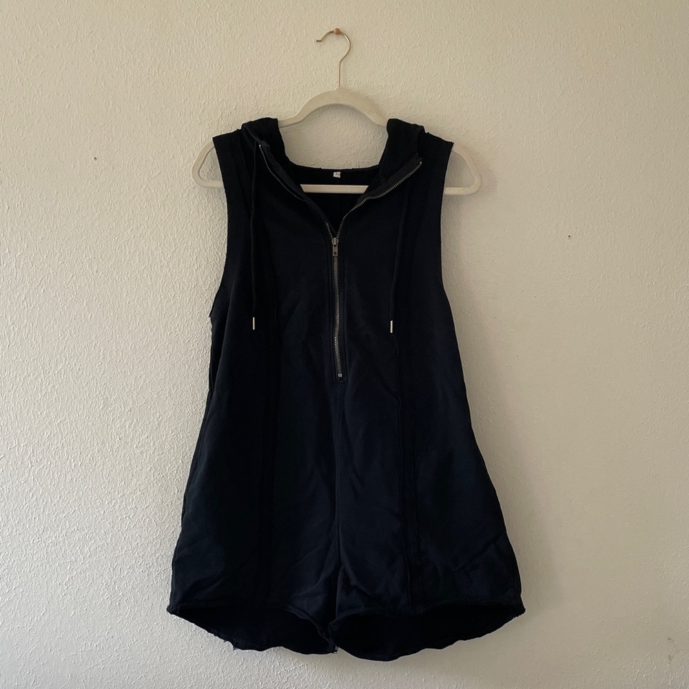 Quarter Zip Hoodie Romper Sleeveless Fit & Flare Indie Rocker Washed Look Black
